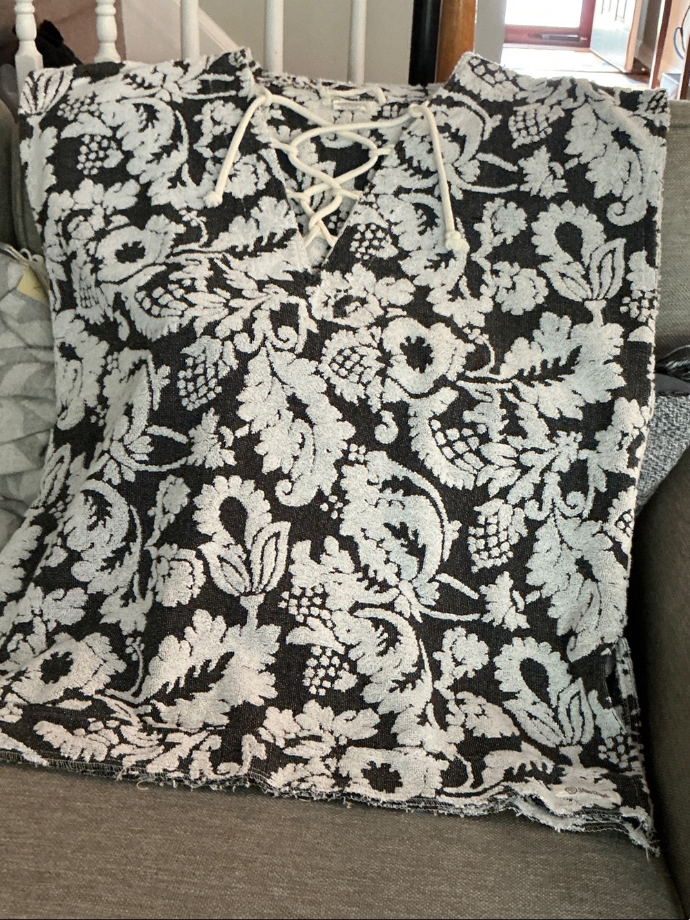 Lace-Up Floral Knit Swim Coverup - Black & White